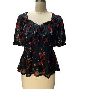 Ember Womens Black Floral M Peasant Blouse With Puff Sleeves & Drawstring Neck